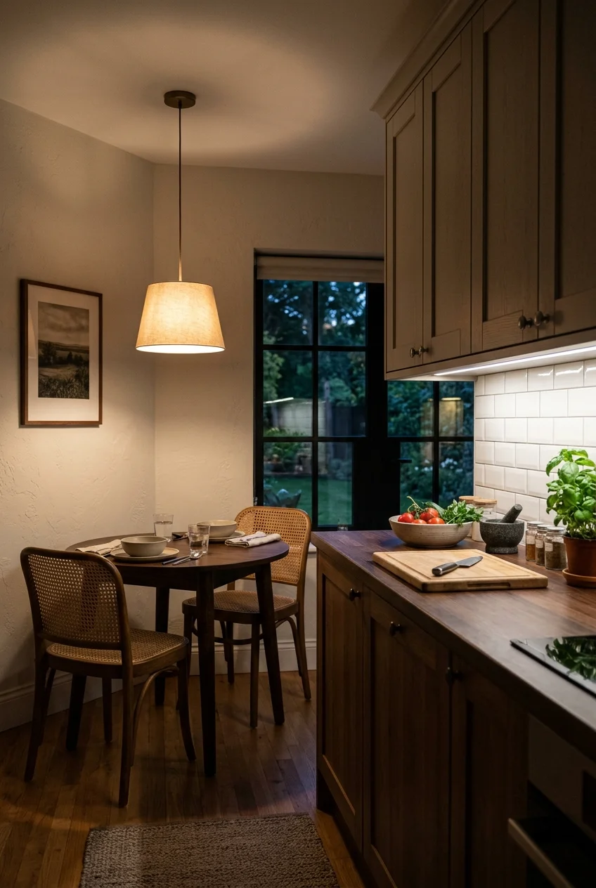 Dimmed ambient kitchen light with separate illuminated prep counters.