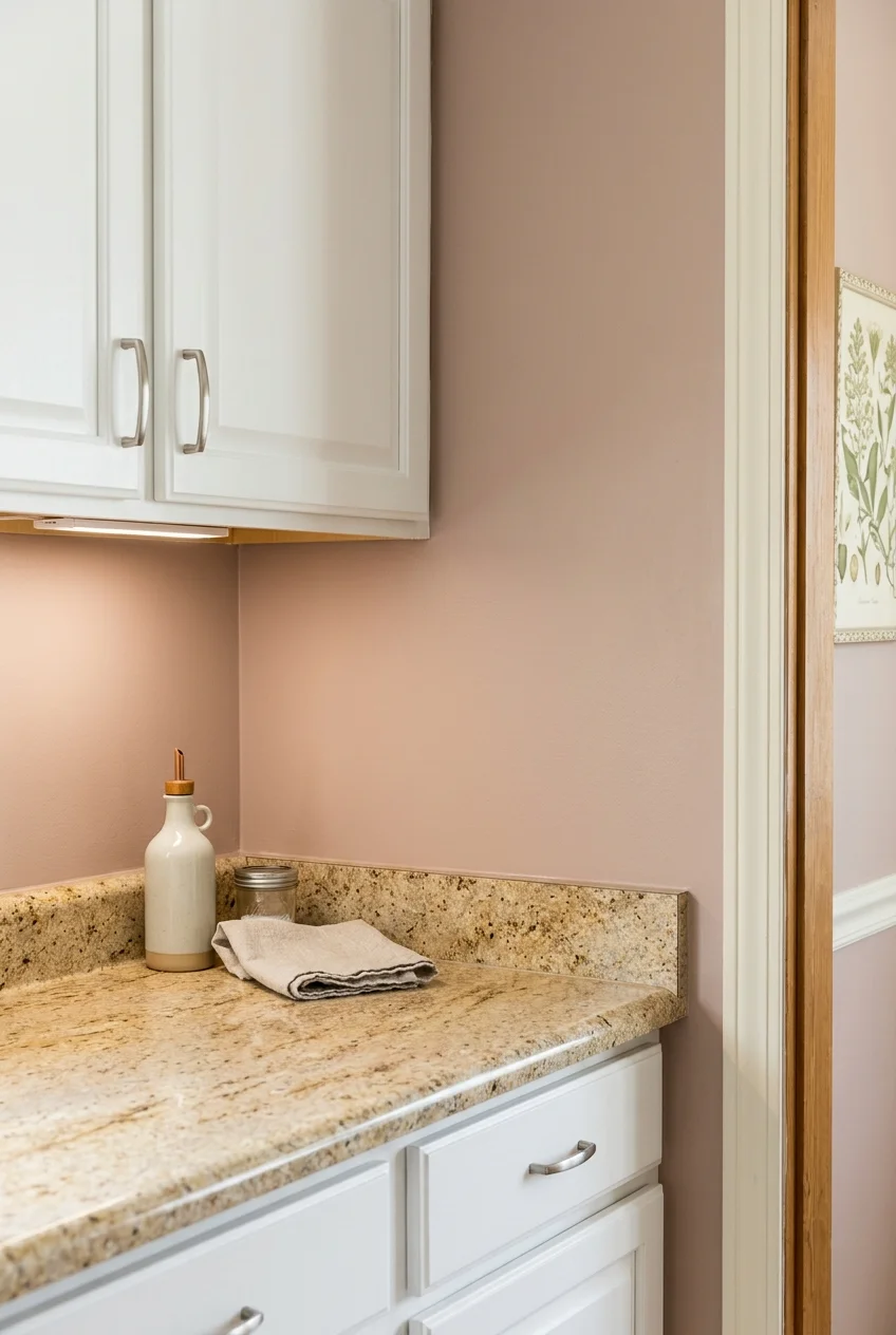 Muted clay walls coordinated with an existing warm-speckled counter.