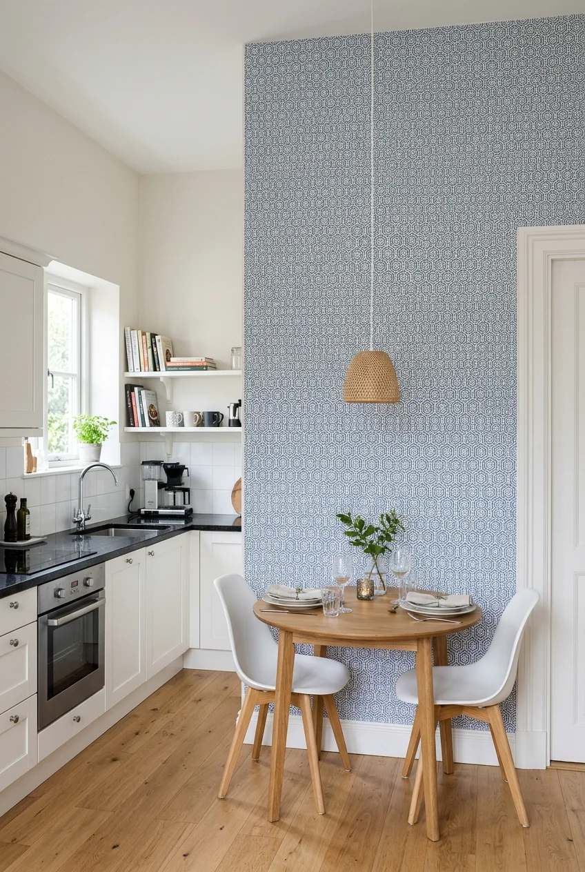 Geometric wallpaper on a dry kitchen eating wall.