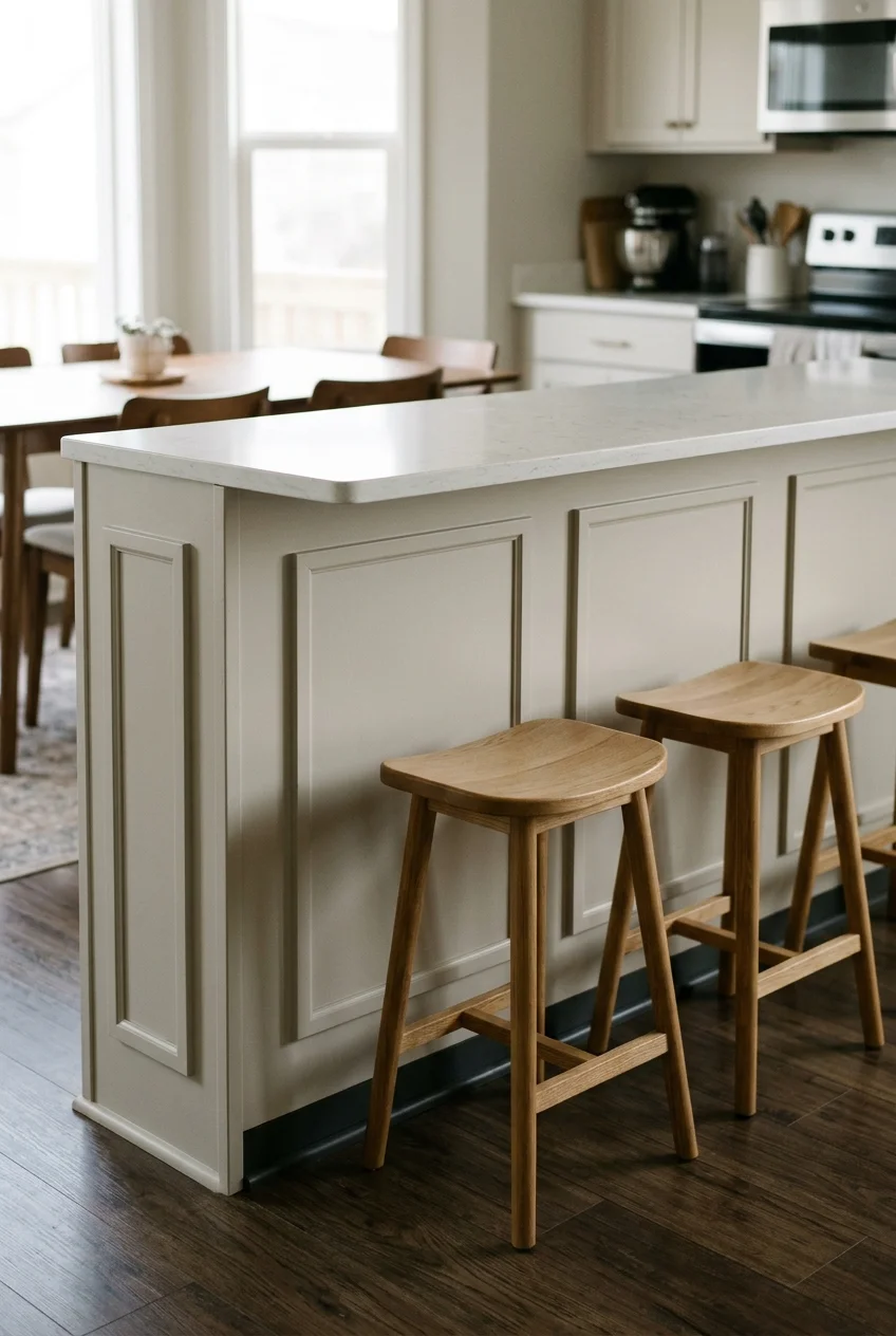 Shallow painted paneling finishing the dining side of a peninsula.