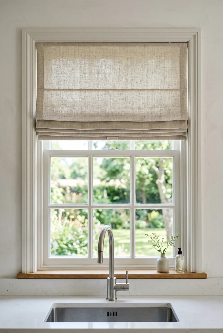 Cordless window shade fitted neatly above a kitchen sink.