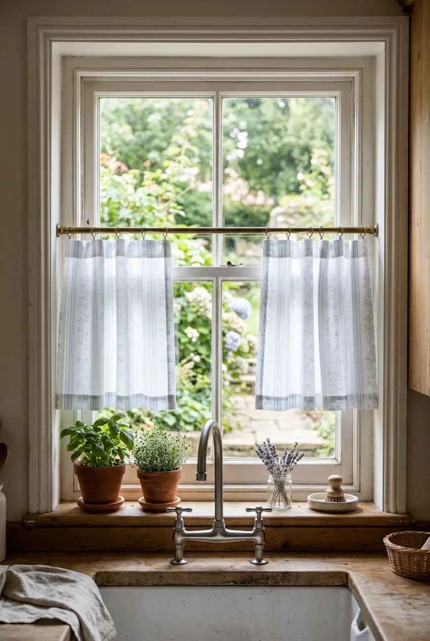 Short café curtains providing lower-window kitchen privacy.