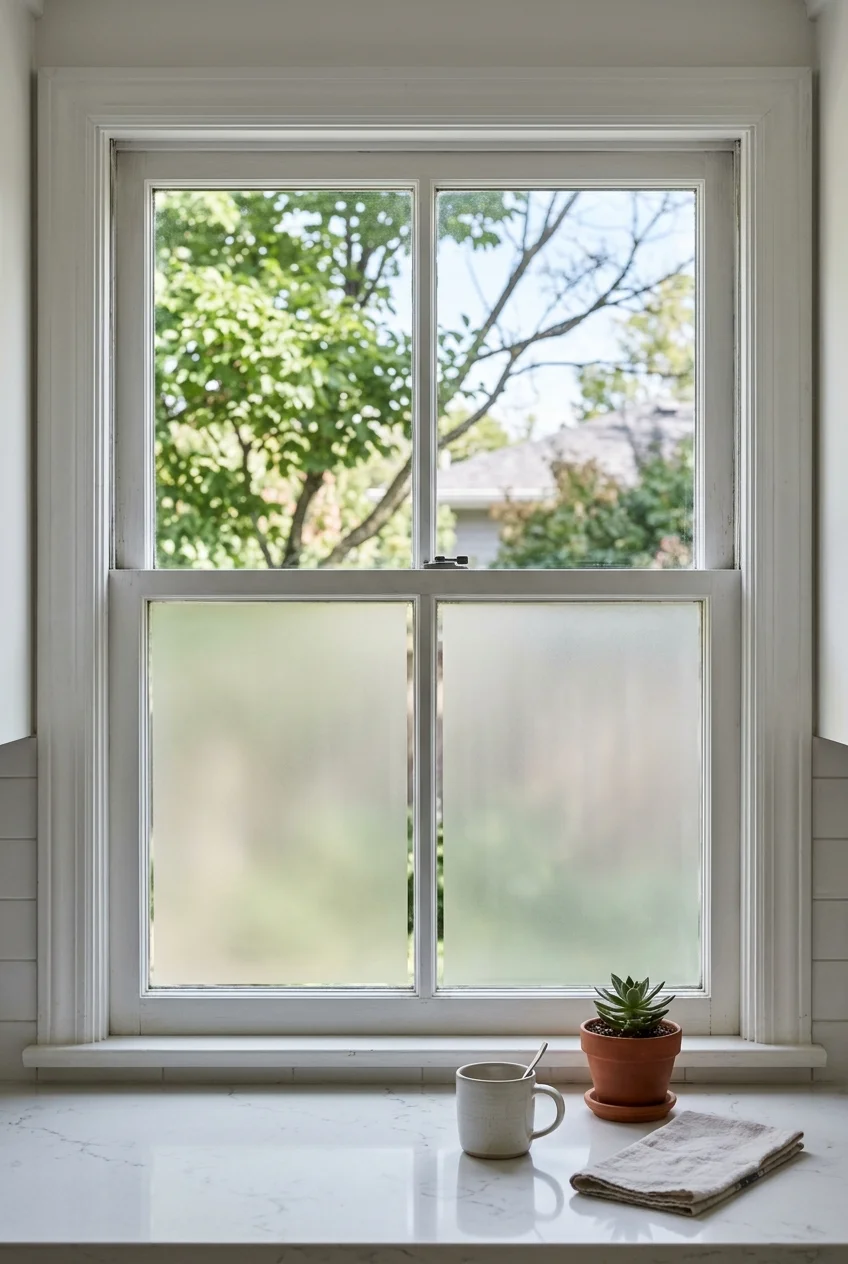 Frosted film on lower kitchen window panes with clear glass above.