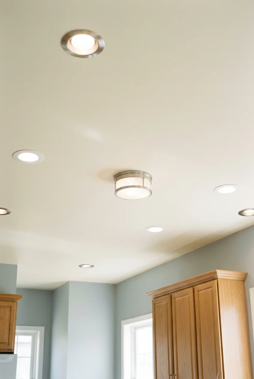 Evenly refreshed kitchen ceiling with clean edges around retained fixtures.