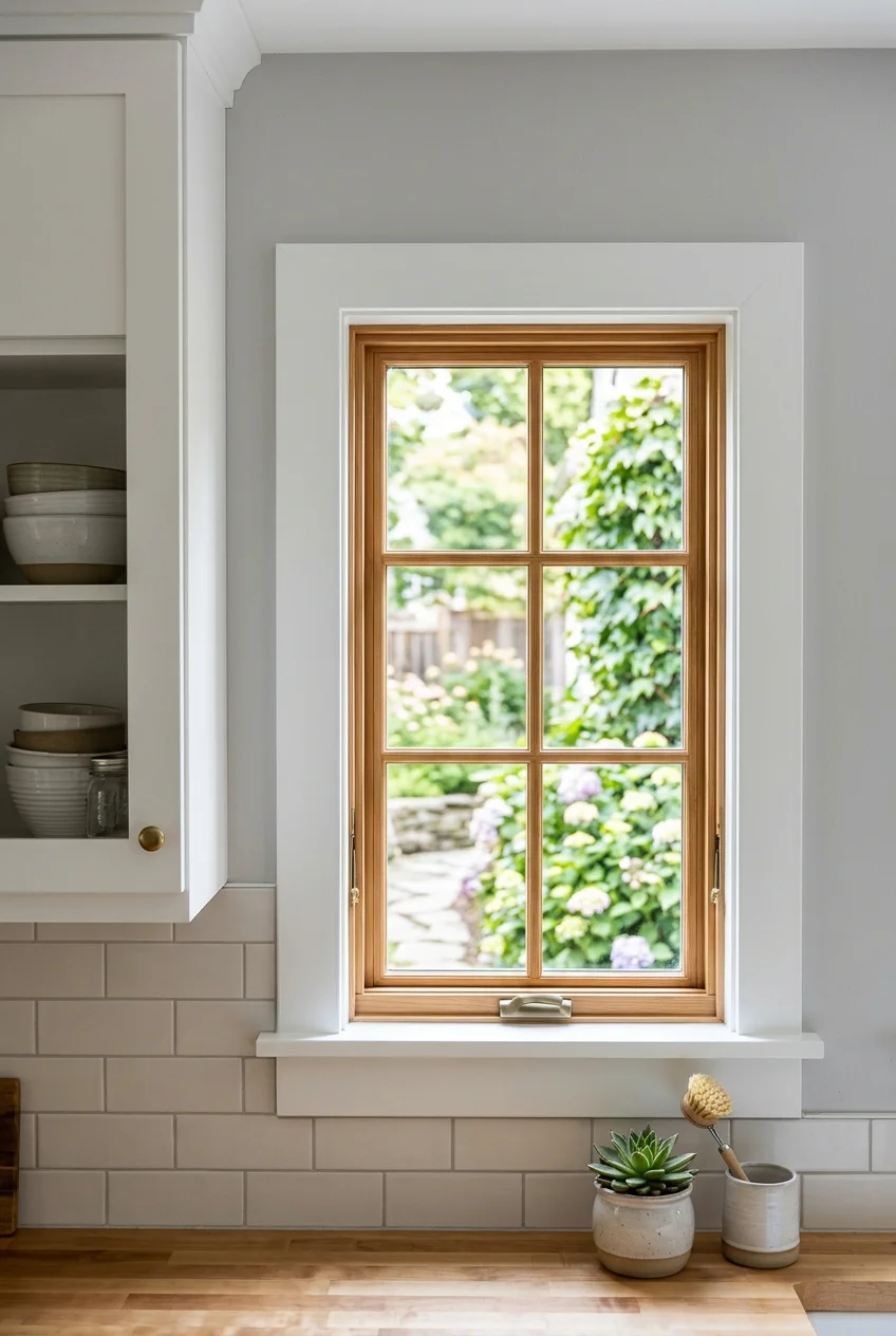 Simple painted casing giving a kitchen window a finished outline.