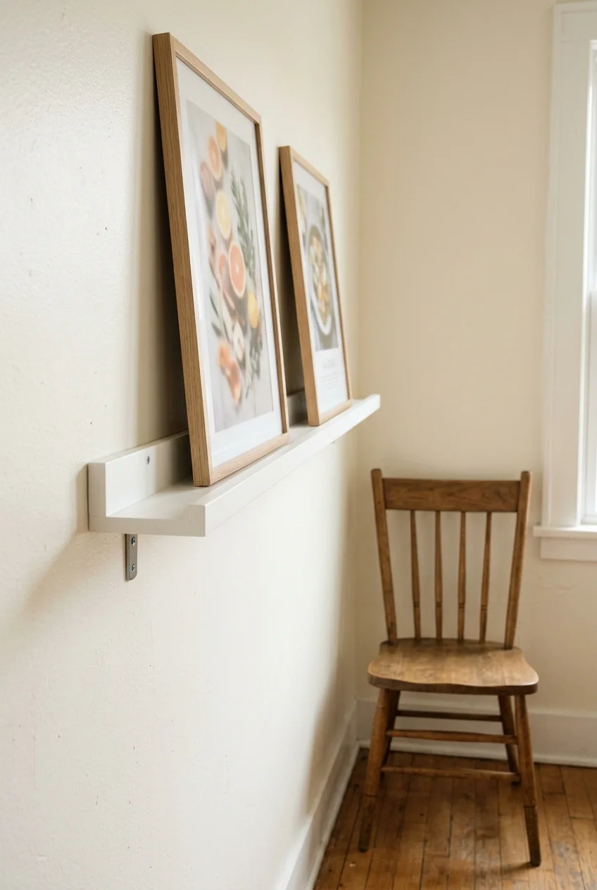 Shallow picture ledge displaying lightweight prints on a kitchen wall.