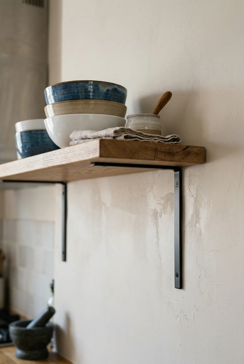 Slim metal brackets supporting an existing kitchen shelf.