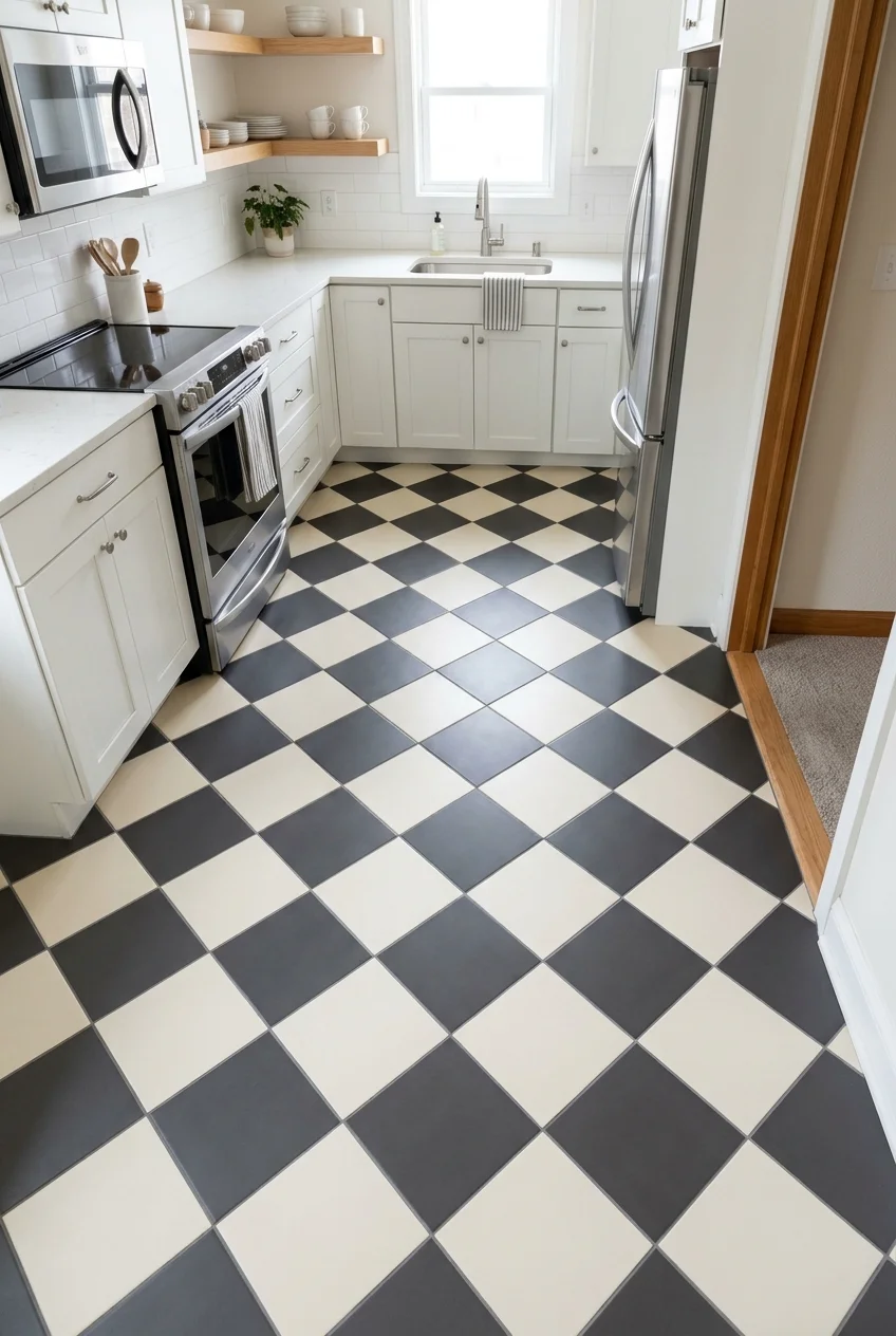 Cream and charcoal checkerboard floor in a modest kitchen.