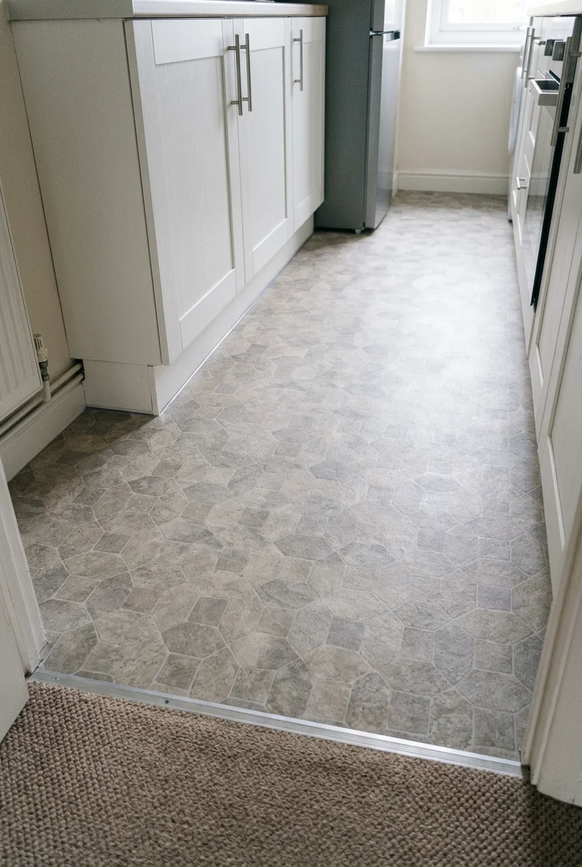 Continuous sheet-vinyl floor with a restrained stone pattern.