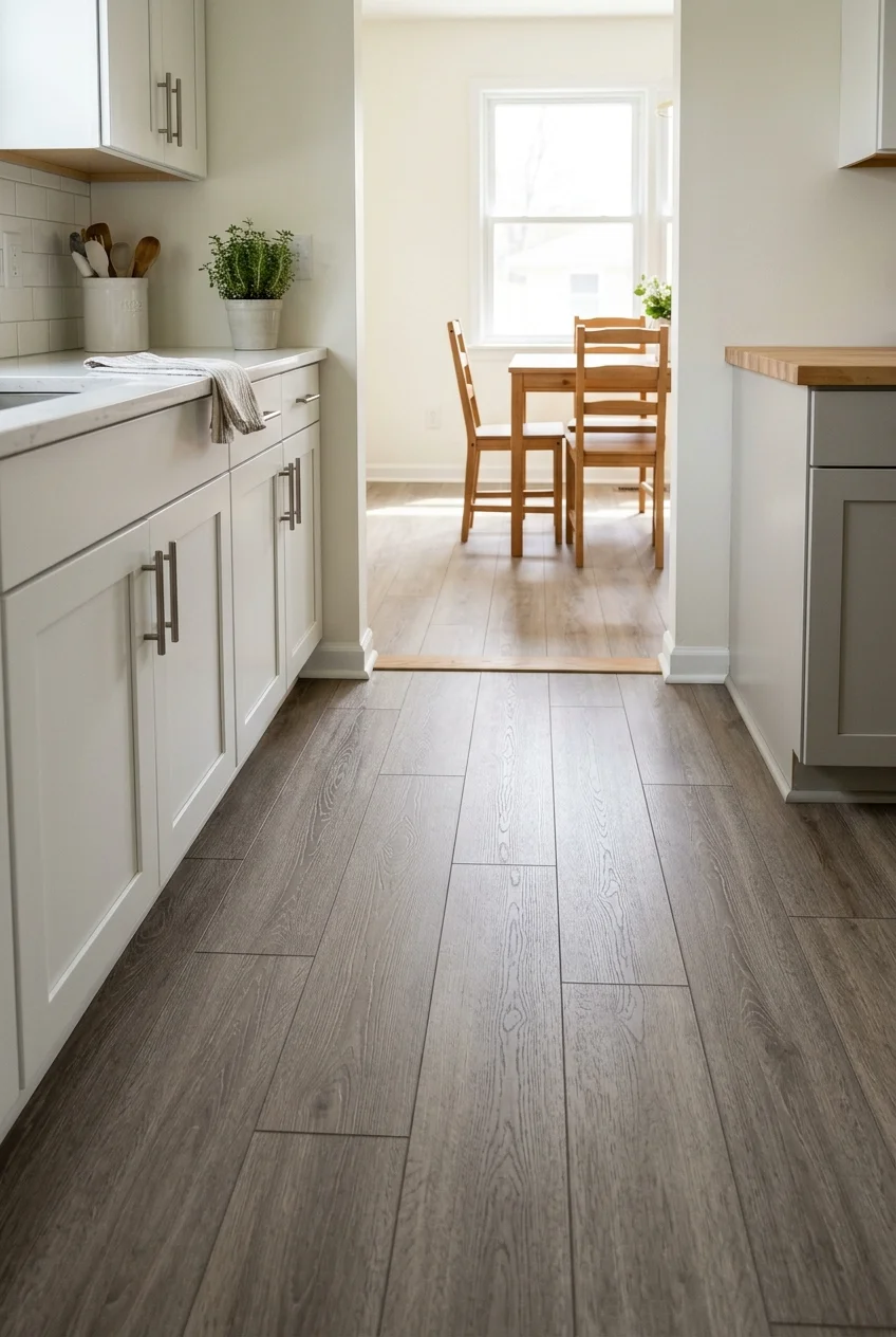 Warm-gray plank flooring continuing from a kitchen toward the dining area.