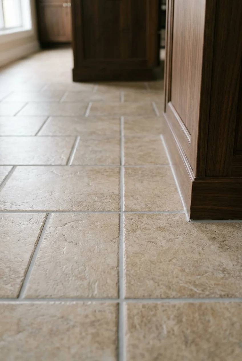 Retained ceramic kitchen floor with evenly renewed grout.