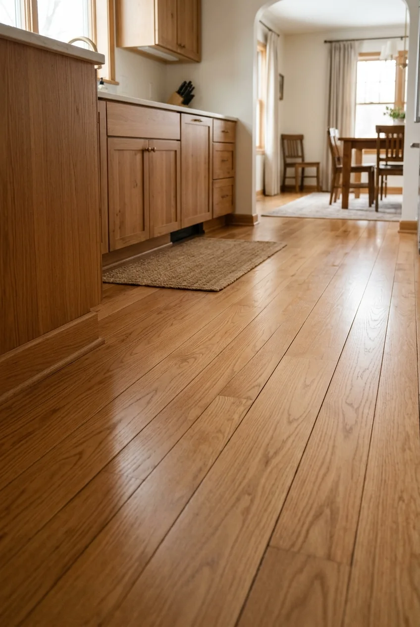Refinished wood kitchen floor continuing into an adjoining room.