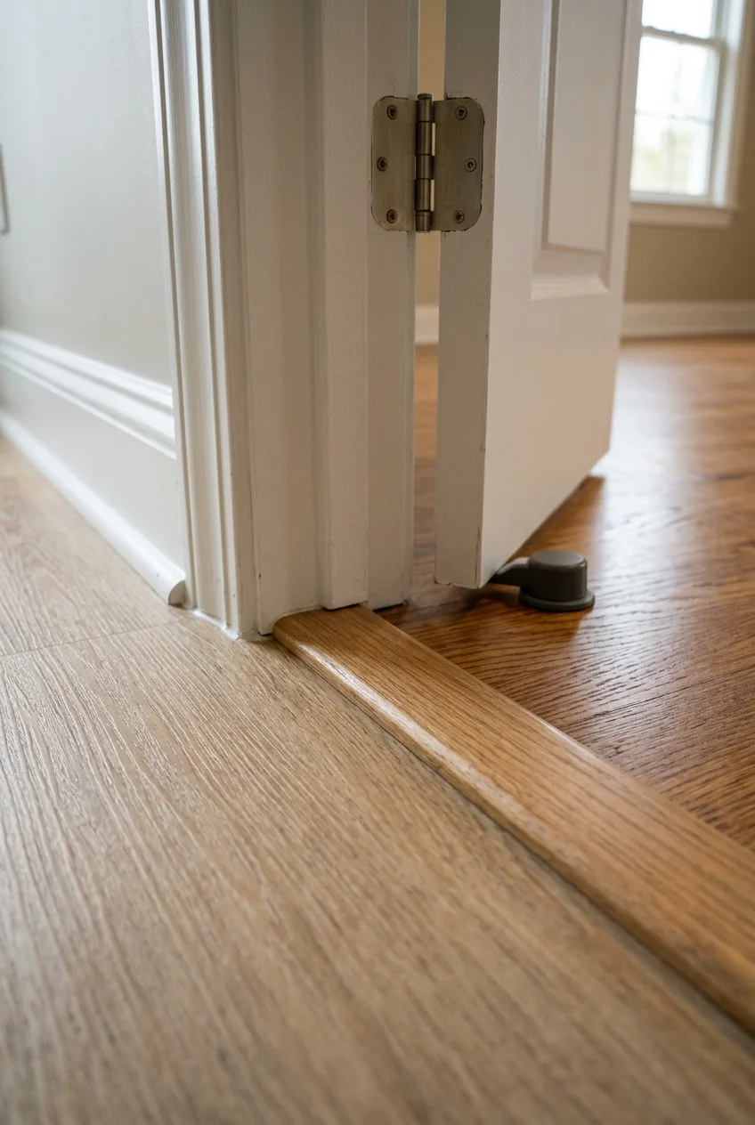 Neatly fitted transition between kitchen vinyl and adjacent wood flooring.
