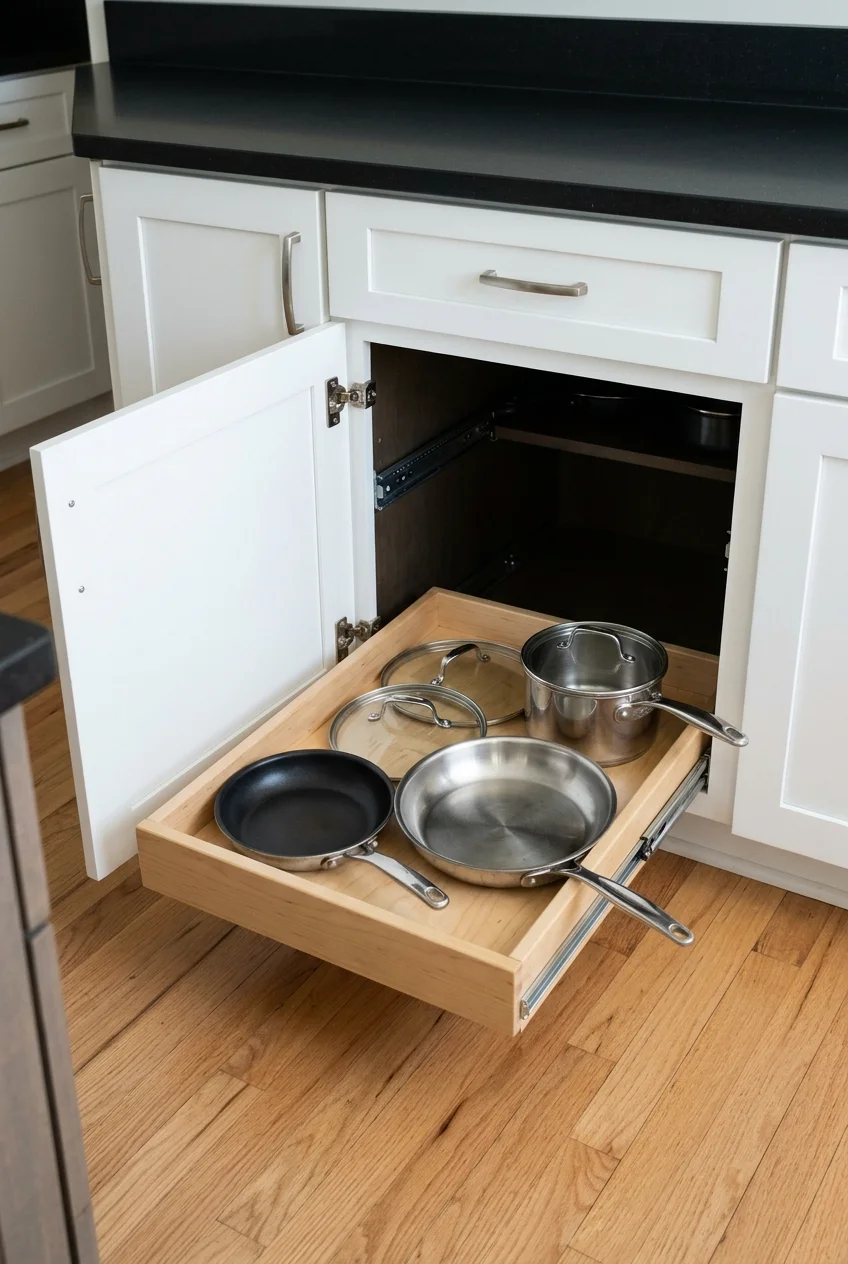 Rollout tray bringing pans out of an existing base cabinet.