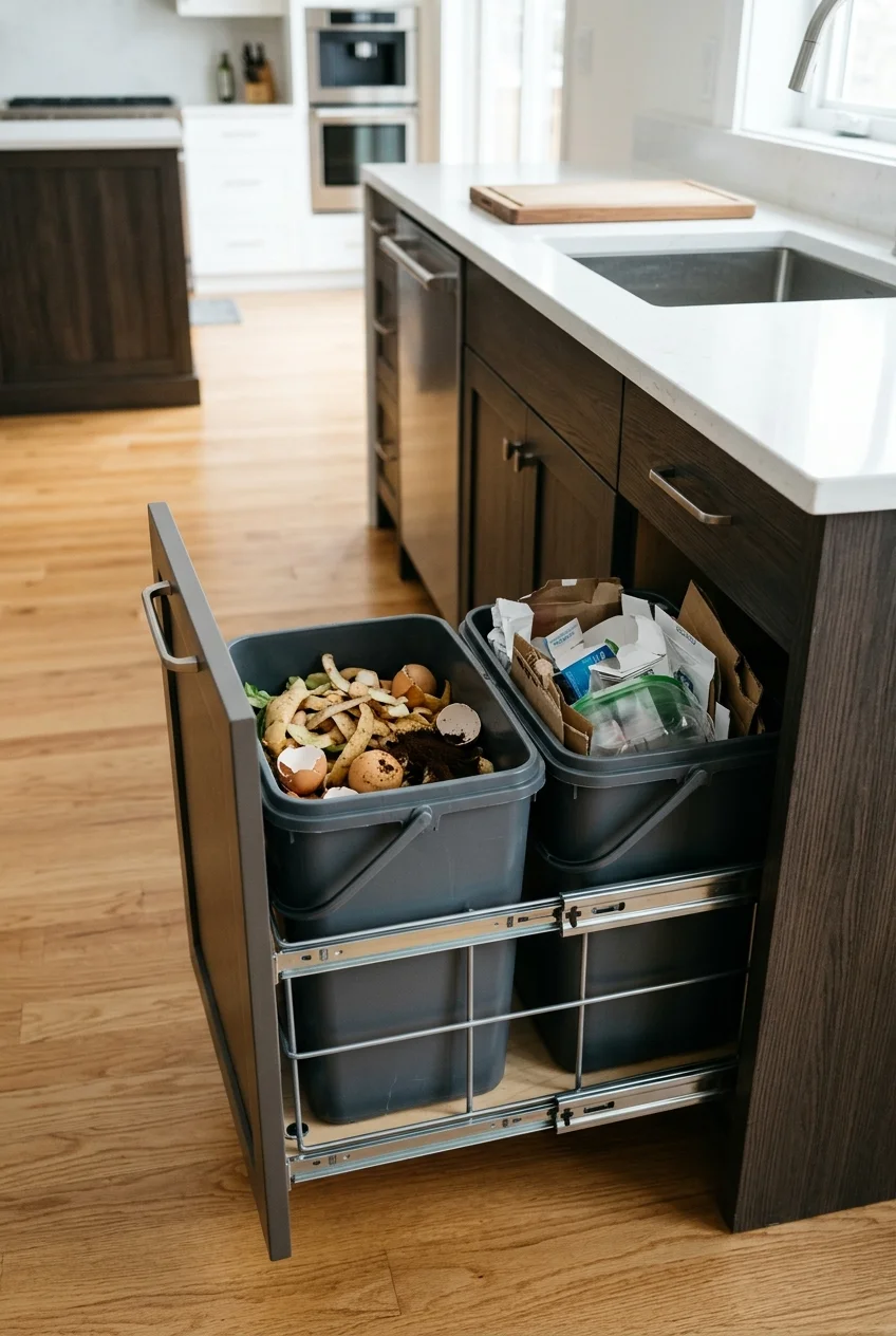 Fitted double-bin waste pullout inside an existing base cabinet.