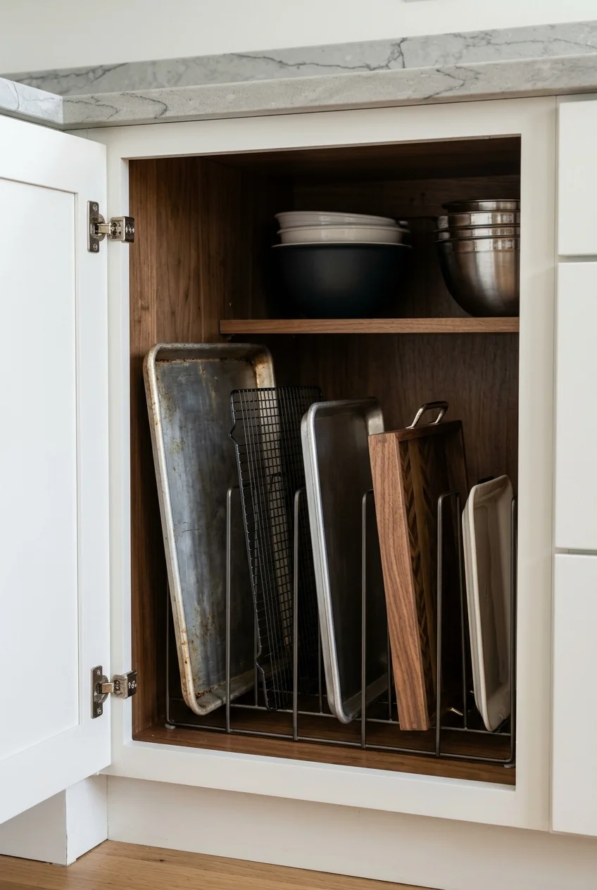 Baking sheets and trays stored upright in a cabinet divider rack.