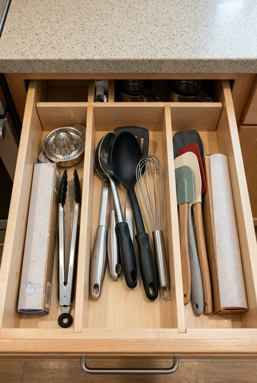 Deep kitchen drawer divided around everyday utensils.