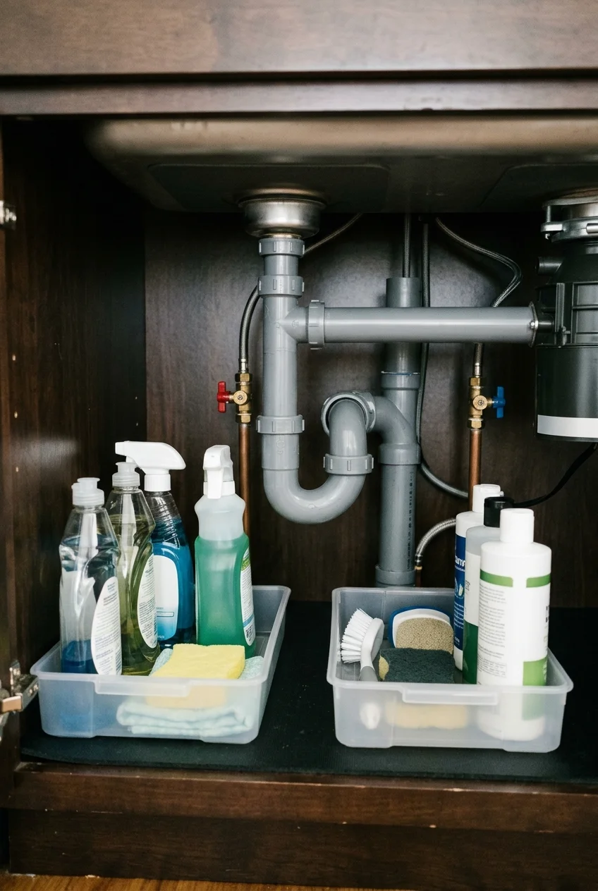 Removable trays organizing a sink cabinet while keeping plumbing accessible.