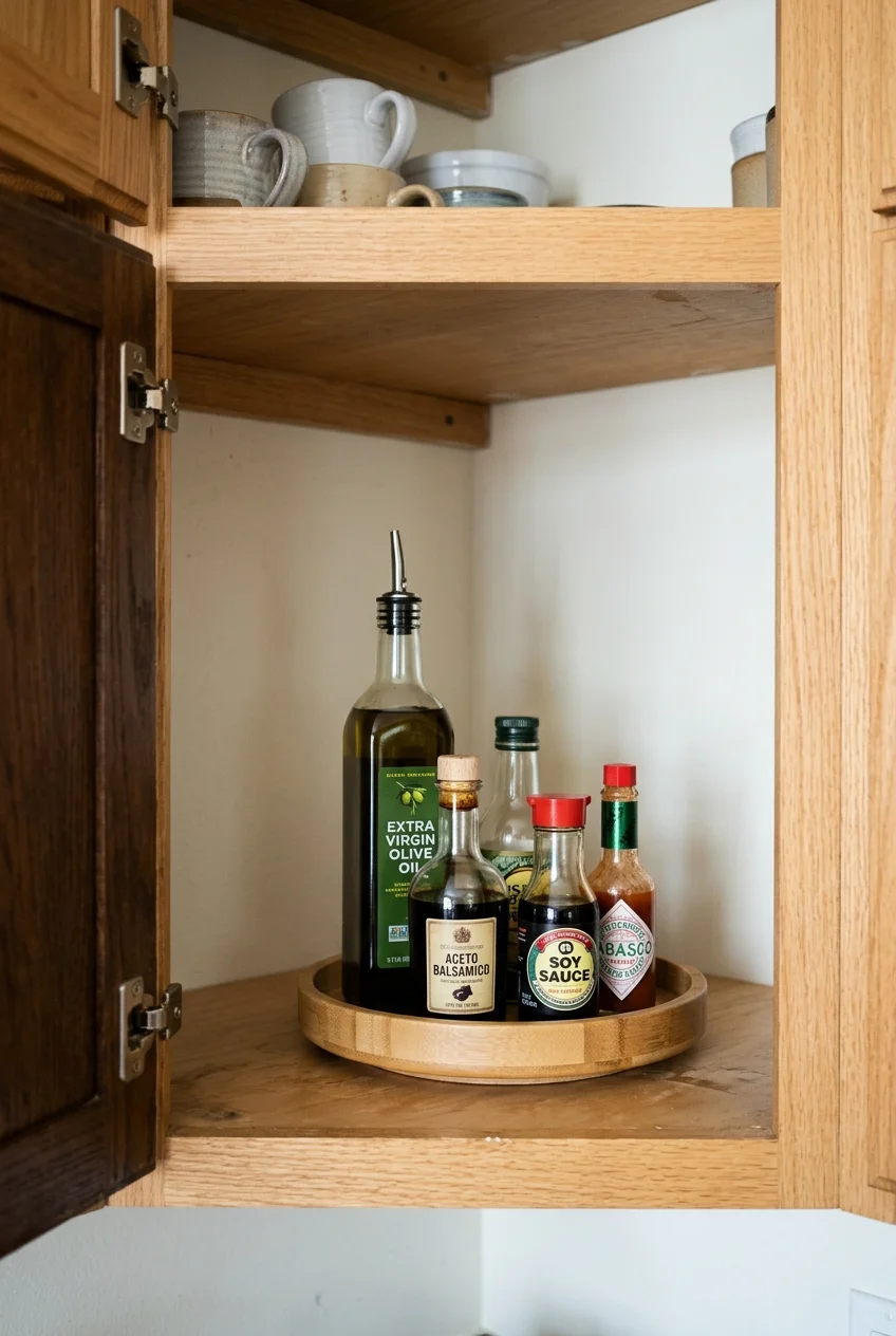 Removable turntable keeping bottles reachable in a corner cabinet.