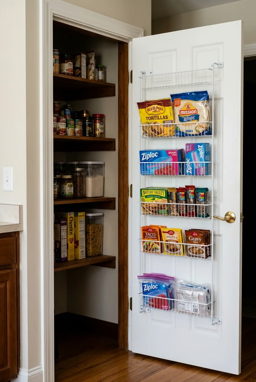 Shallow pantry-door rack storing lightweight wraps and packets.