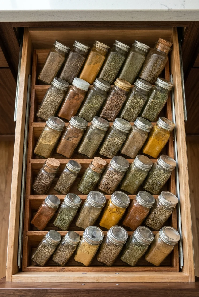 Angled insert keeping spice jars visible in a shallow drawer.
