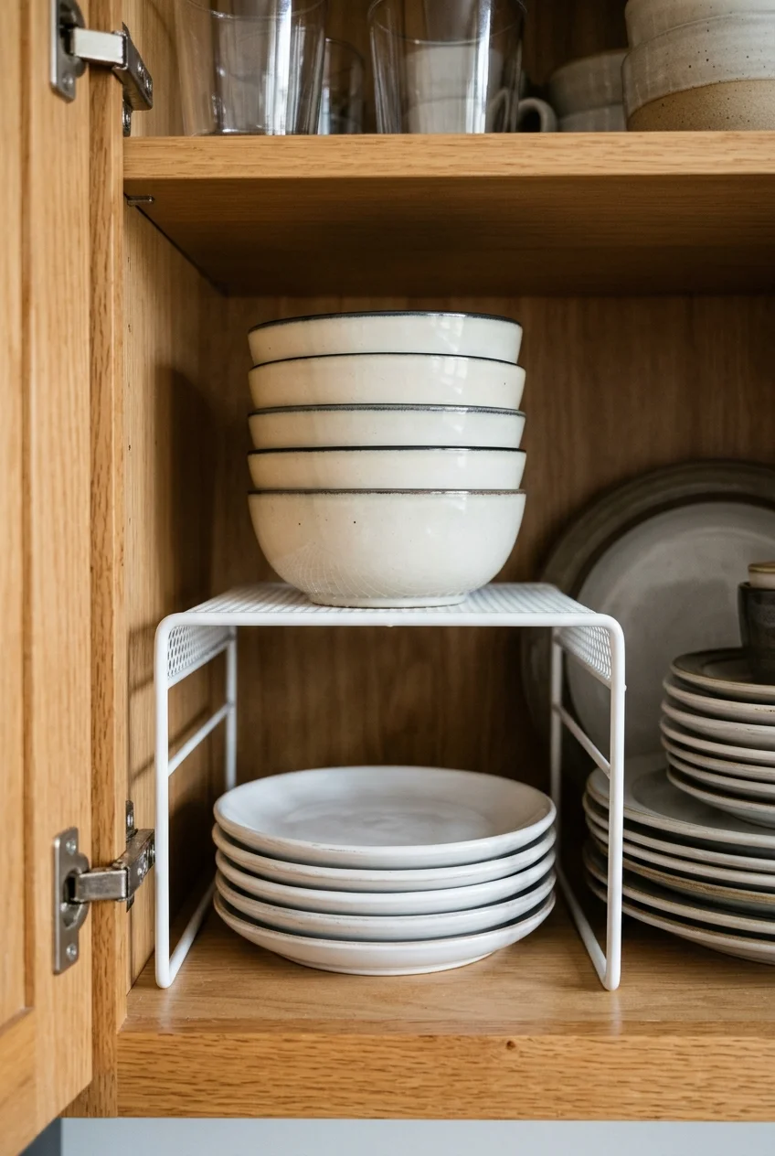 Shelf riser separating bowls and plates inside a cupboard.