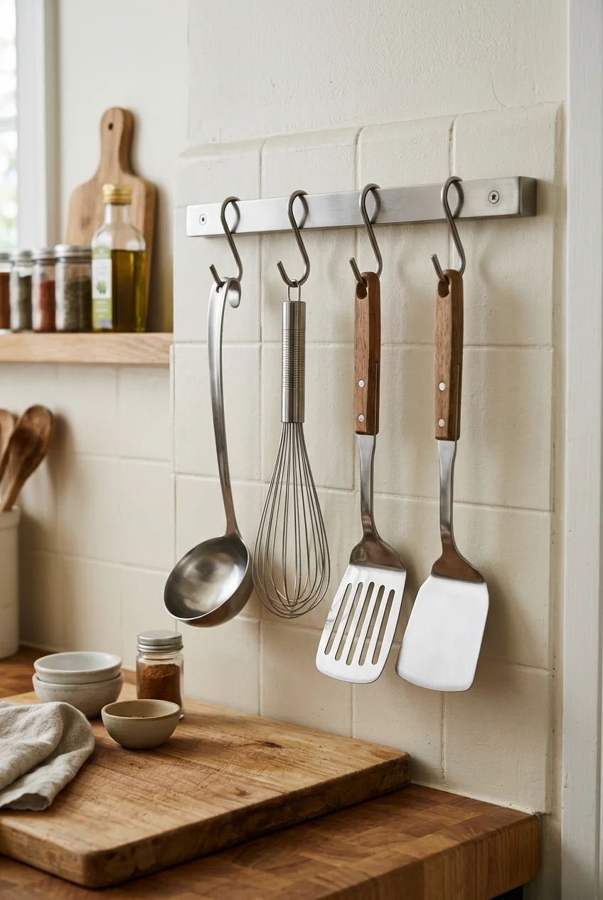 Short utensil rail keeping frequently used tools beside a prep counter.