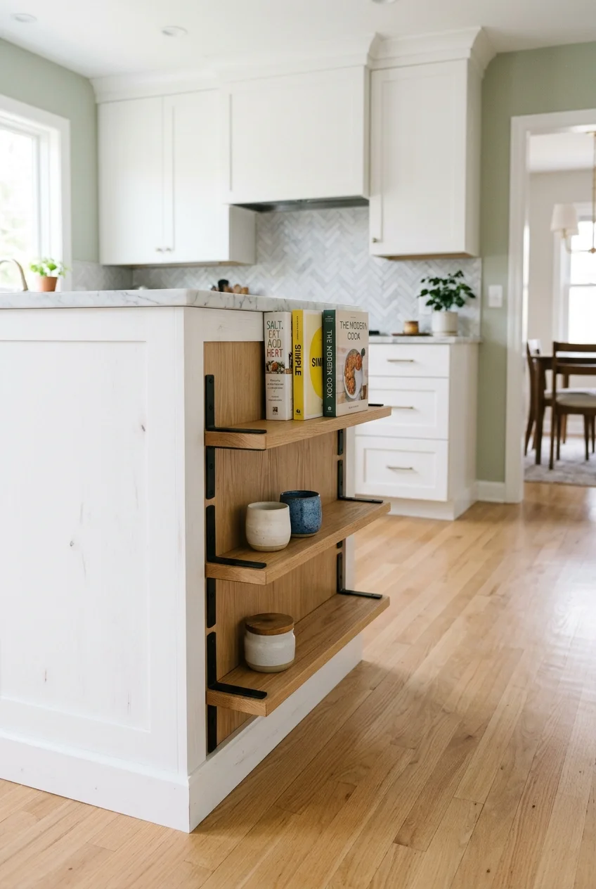 Shallow end shelves adding storage beside a kitchen cabinet run.