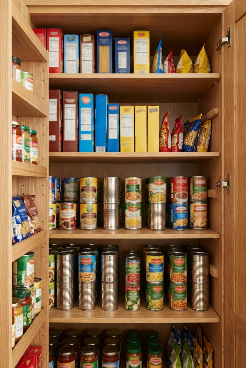 Pantry shelves adjusted to fit groceries of different heights.