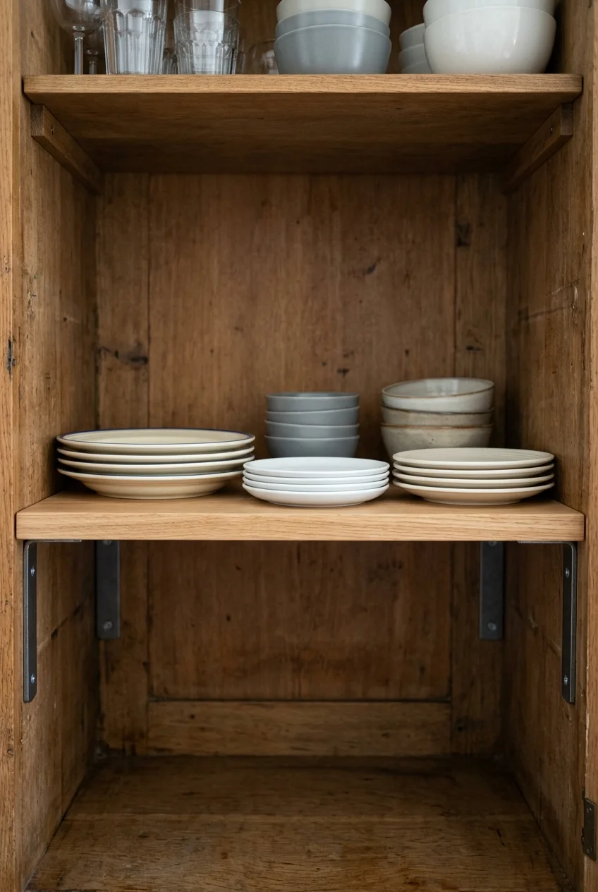 Straight supported replacement shelf inside a retained kitchen cabinet.