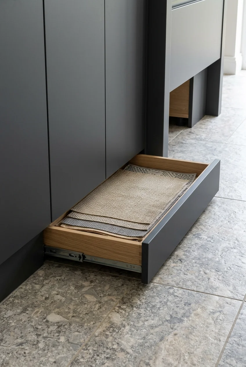 Shallow toe-kick drawer storing flat placemats beneath a base cabinet.