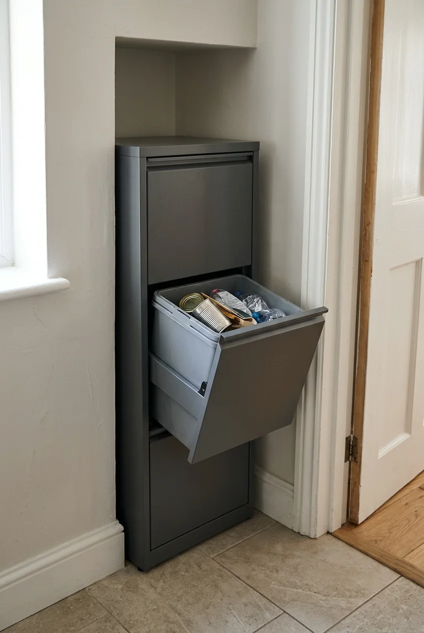 Narrow freestanding recycling station fitted into a kitchen recess.