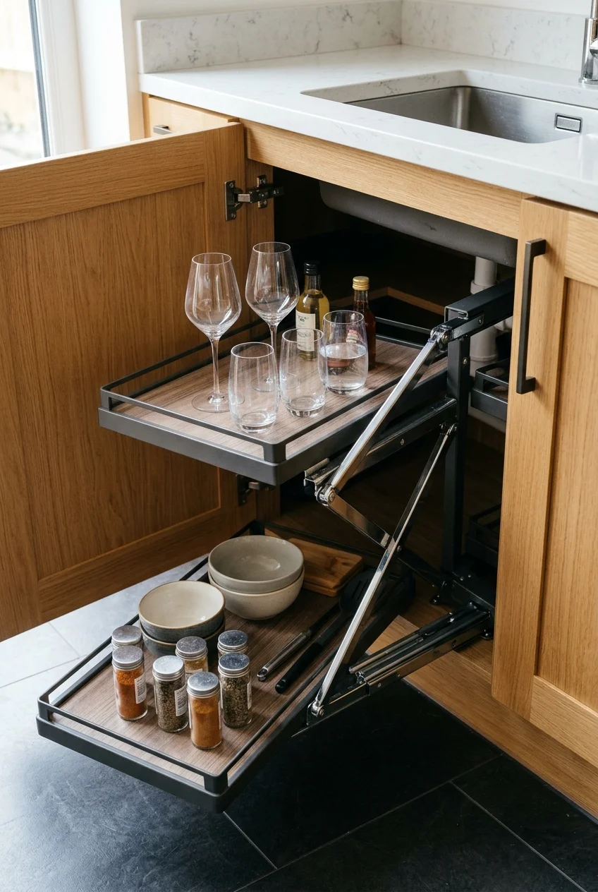 Blind-corner pullout trays extending through a clear cabinet opening.
