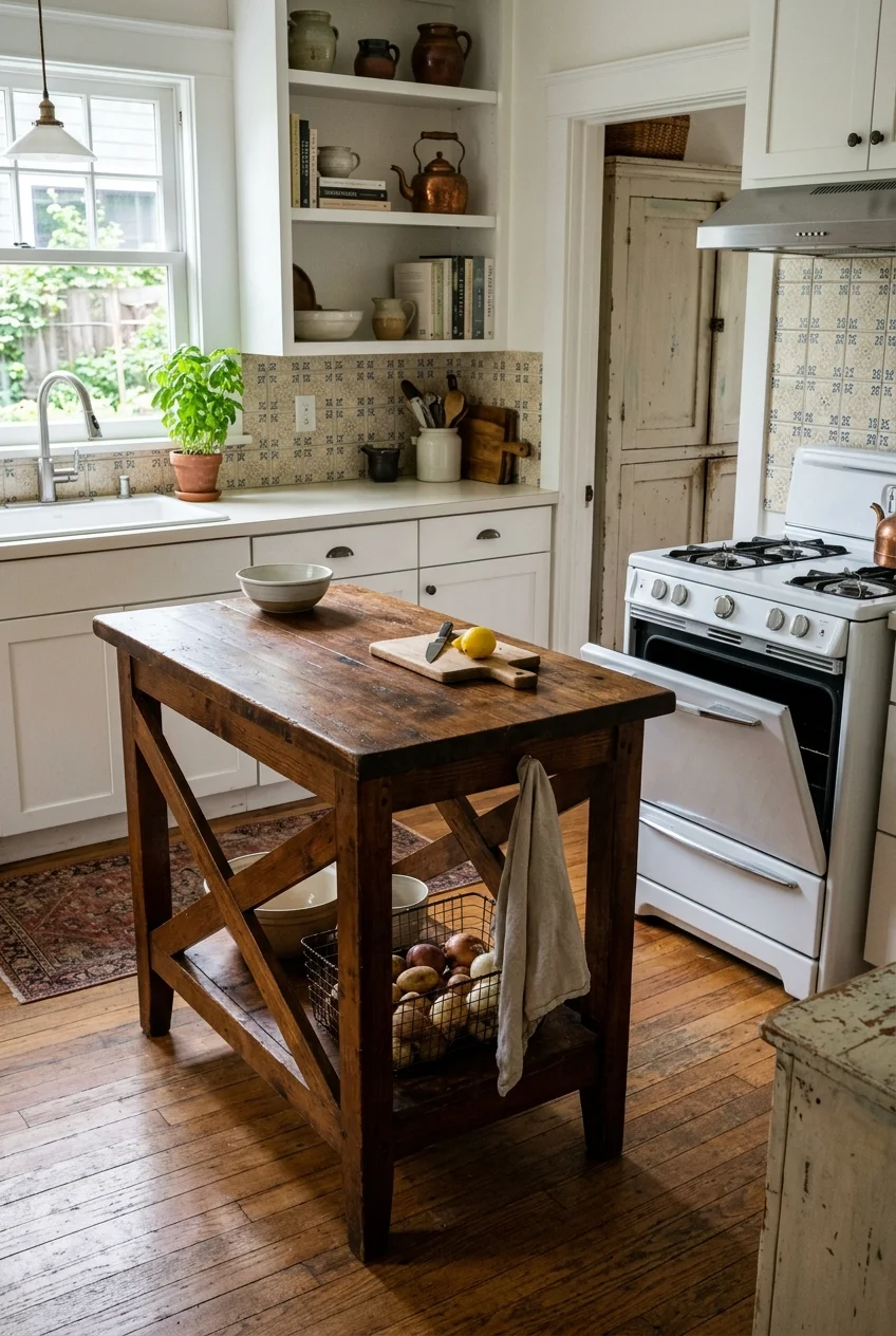 Sturdy secondhand worktable used as an open-legged kitchen island.