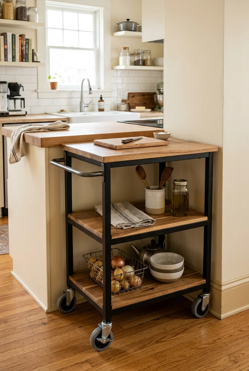 Locking kitchen cart with a clear wall-side parking space.