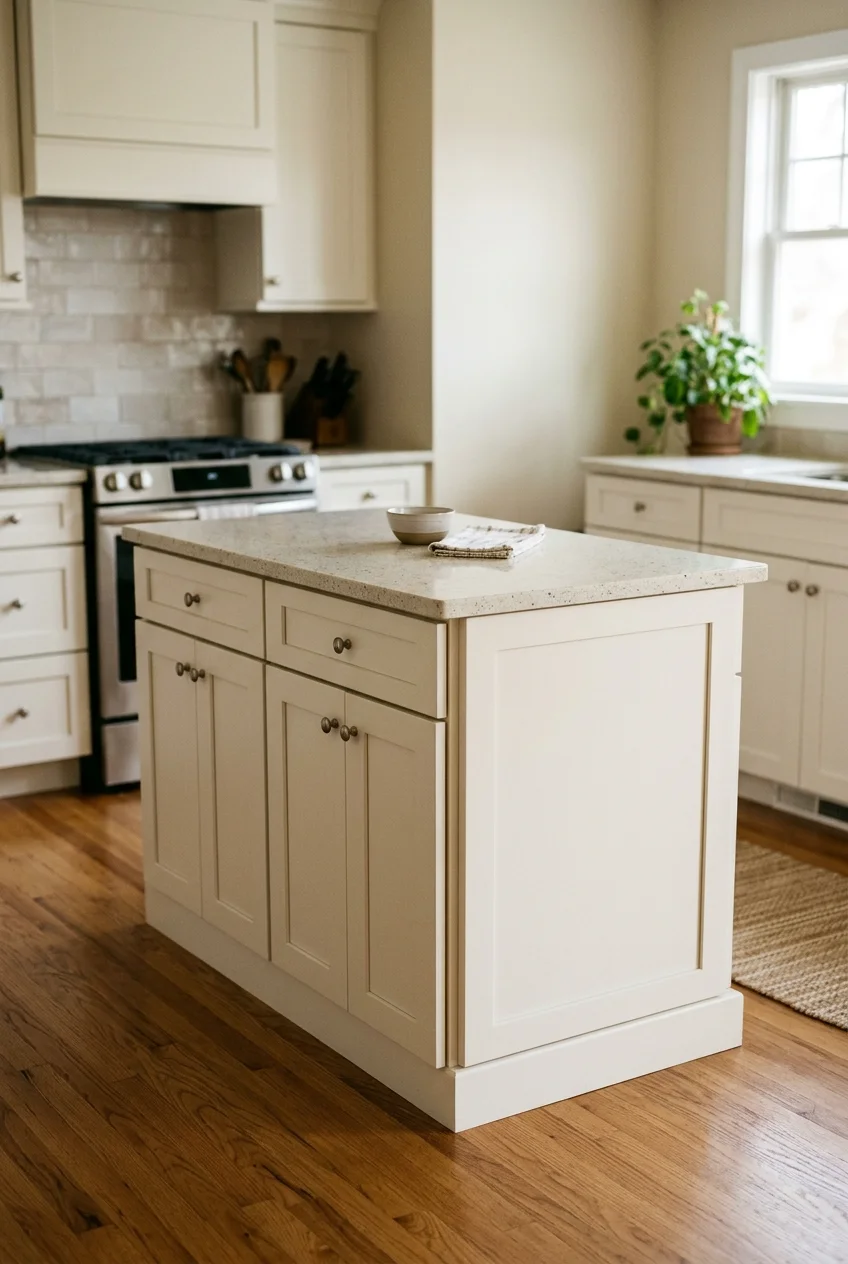 Small finished kitchen island assembled from coordinated stock base cabinets.