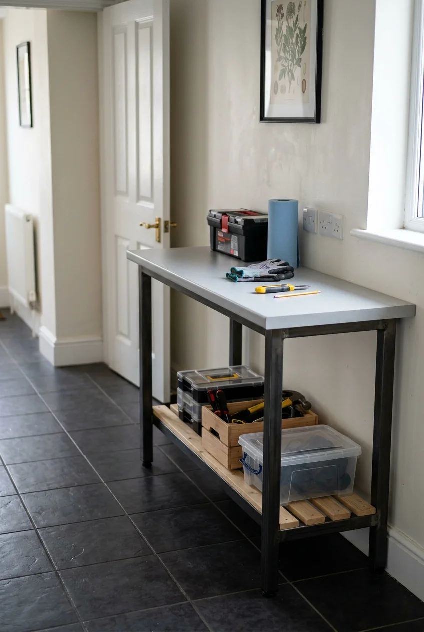 Slim wall-side workbench adding a kitchen landing surface.