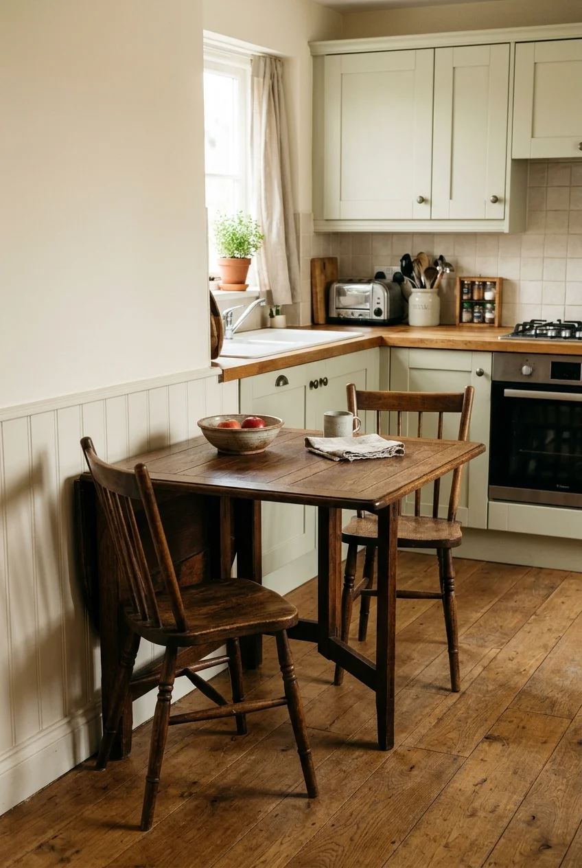 Drop-leaf kitchen table with one supported leaf raised.