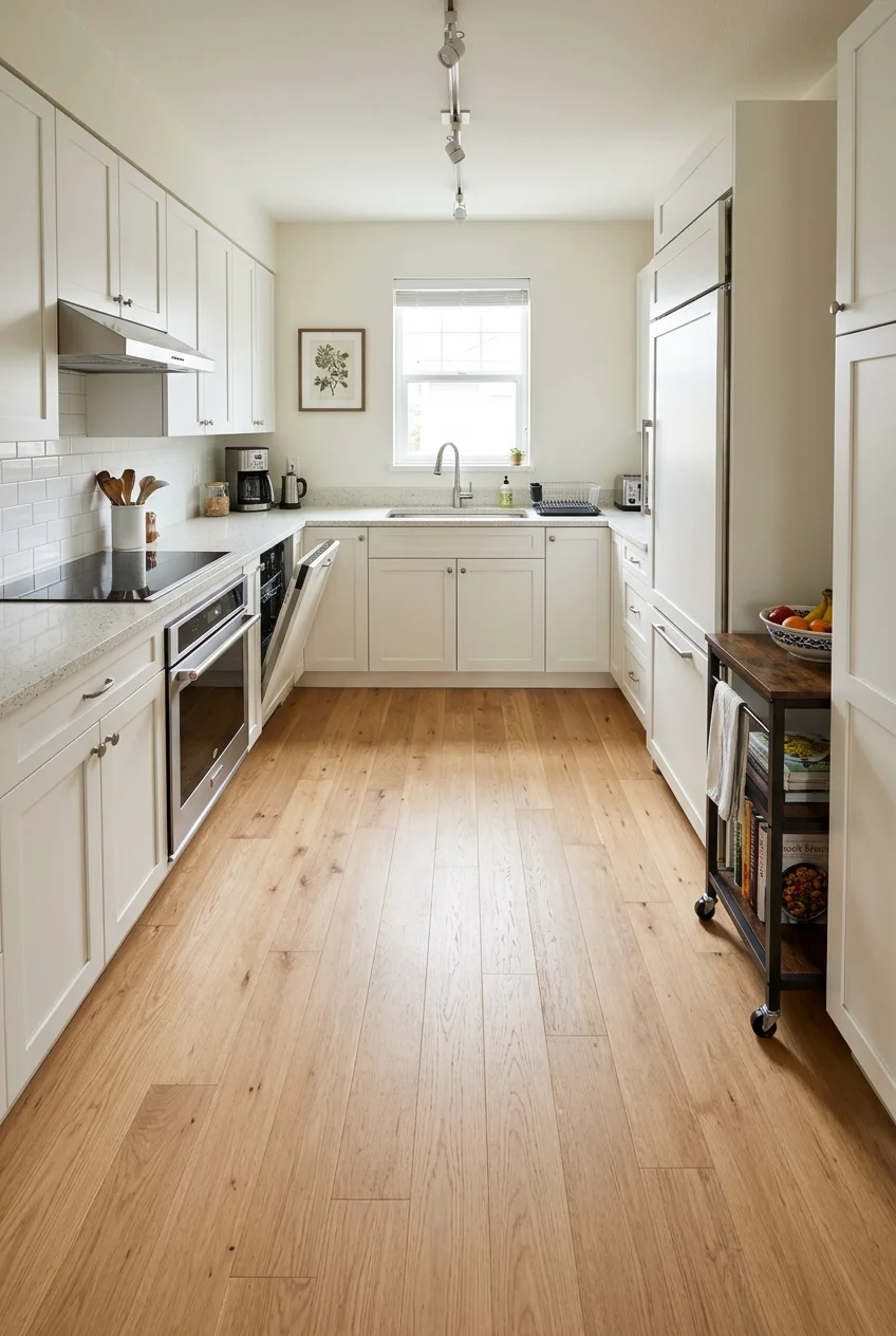 Open kitchen center preserving clear access to surrounding appliances.