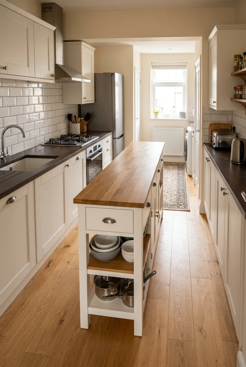Narrow preparation island without a seating overhang or stools.