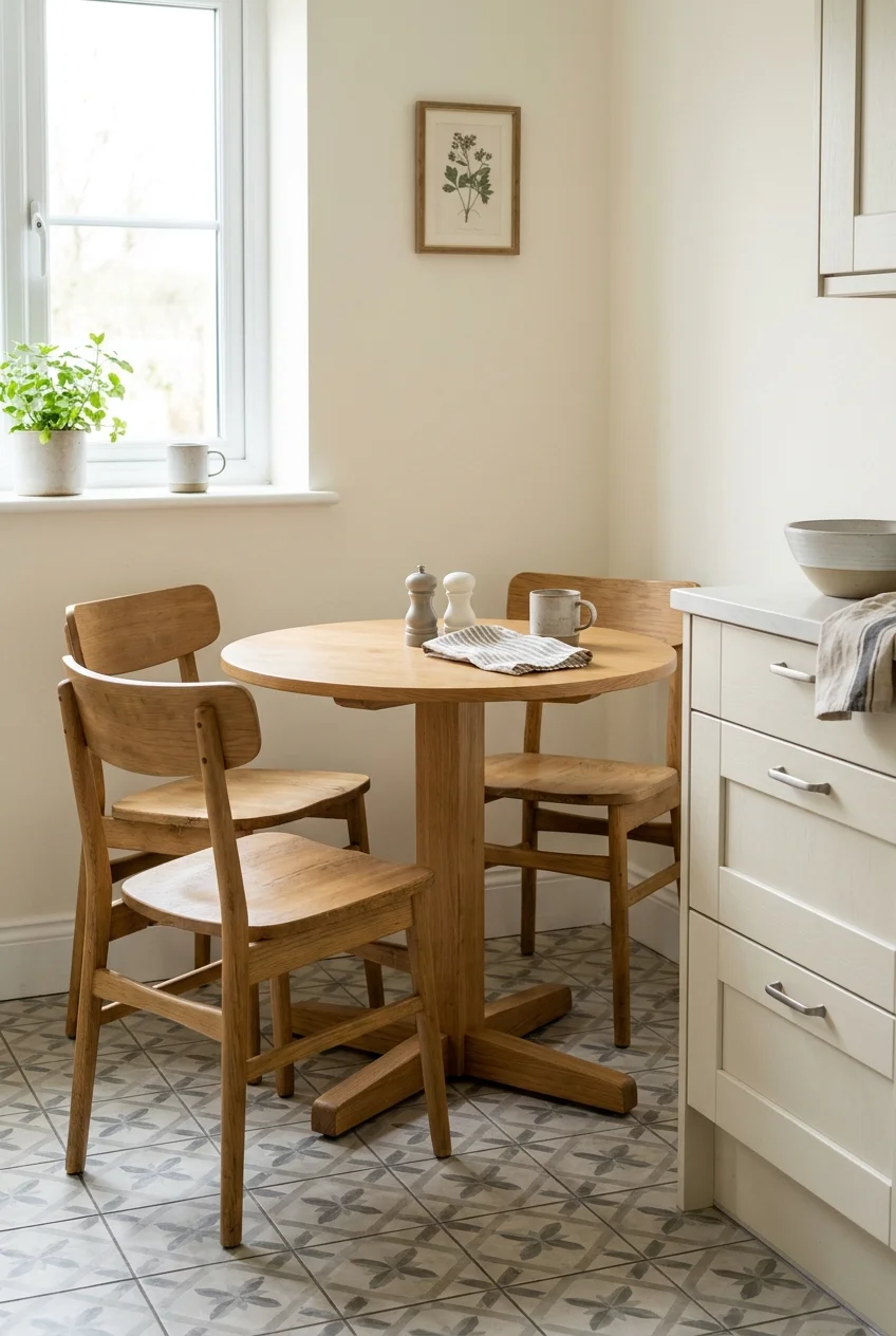 Small round pedestal table in a compact kitchen eating corner.