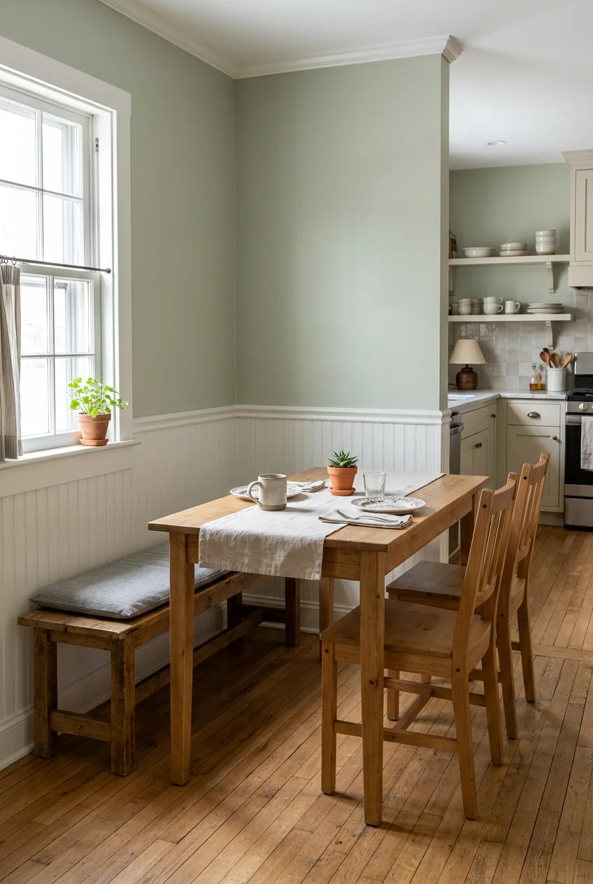 Wall-side bench simplifying a small kitchen breakfast arrangement.