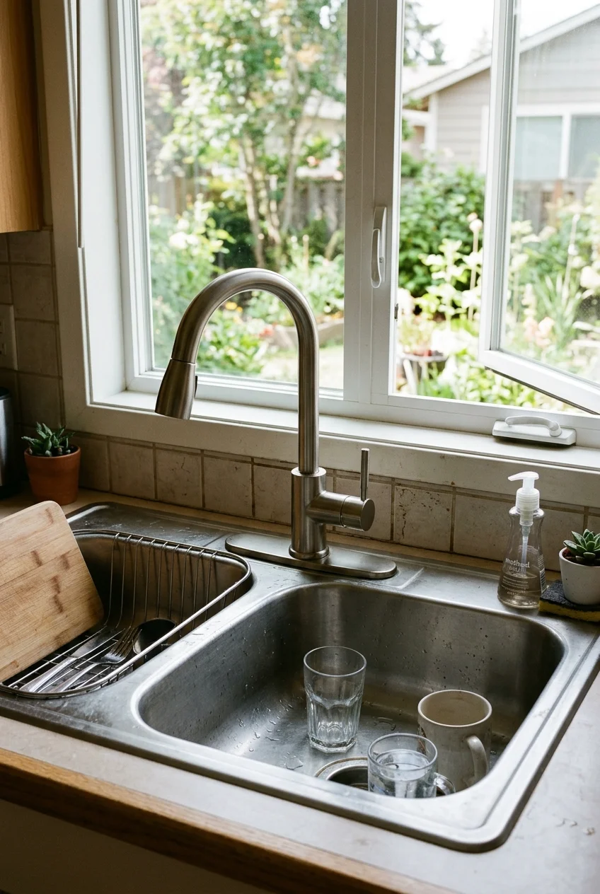 New single-handle faucet fitted neatly to a retained kitchen sink.