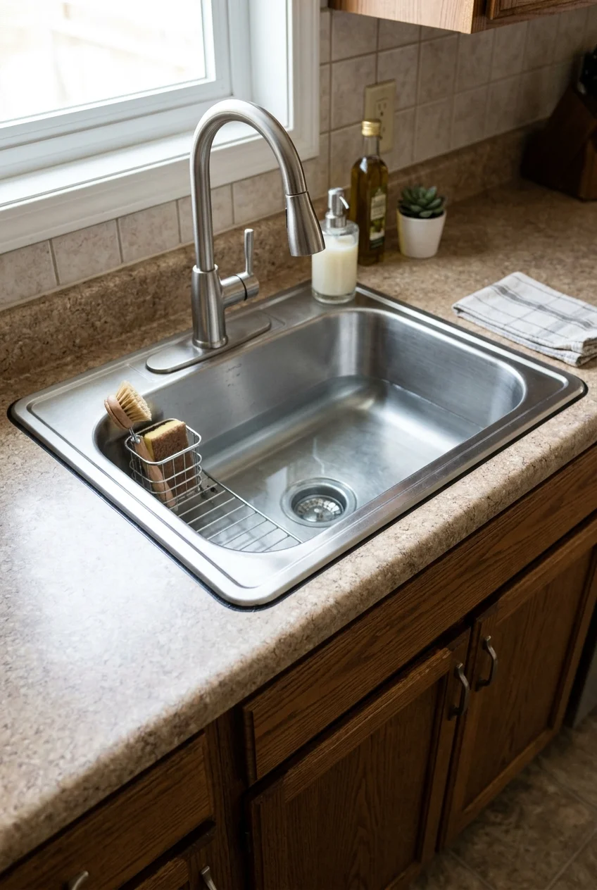 Replacement drop-in sink fitted to an existing laminate countertop.