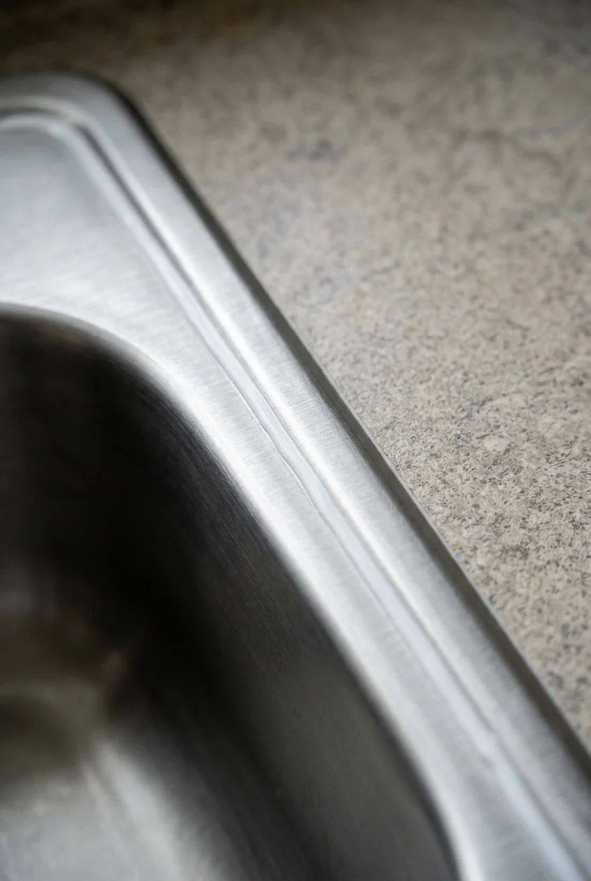 Neatly renewed joint between a drop-in sink and intact countertop.