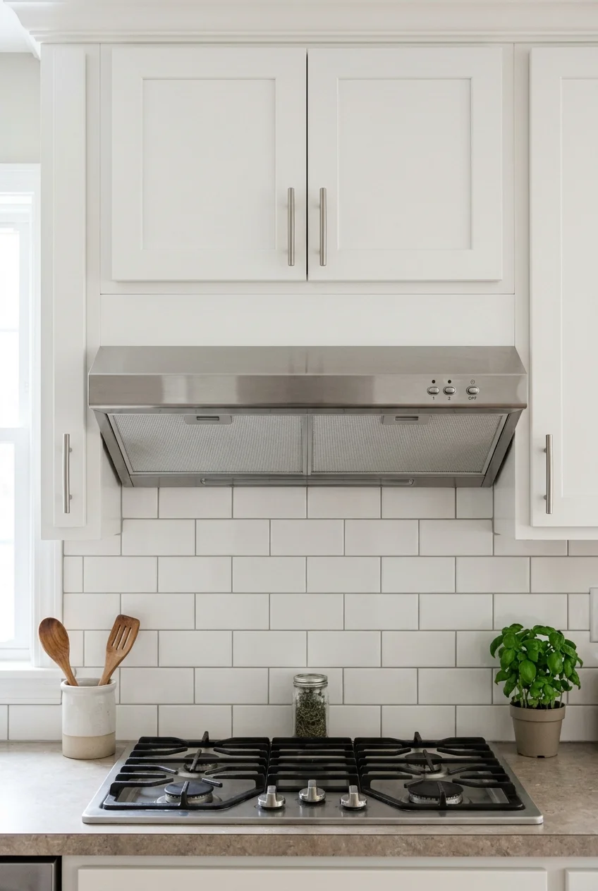 Plain functional range hood integrated into retained kitchen cabinetry.