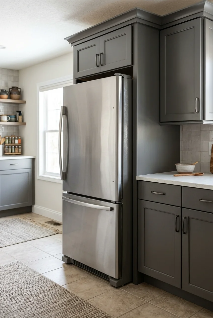 Refrigerator area coordinated with a side panel and upper bridge cabinet.