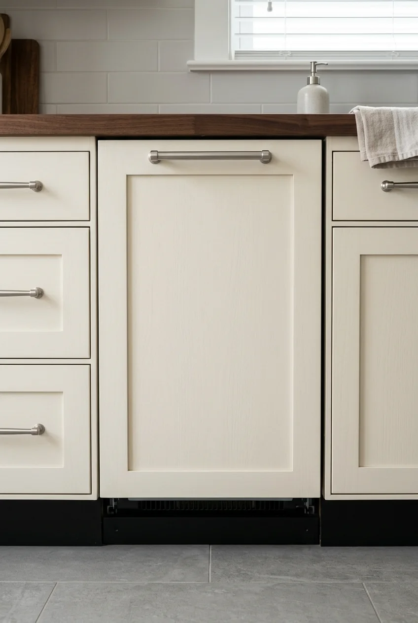 Matching decorative front on a panel-ready dishwasher.