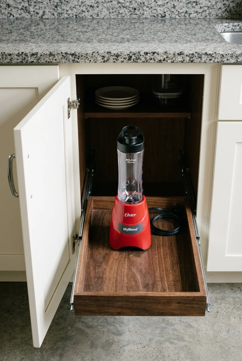 Pull-forward tray making a stored unplugged blender easier to retrieve.