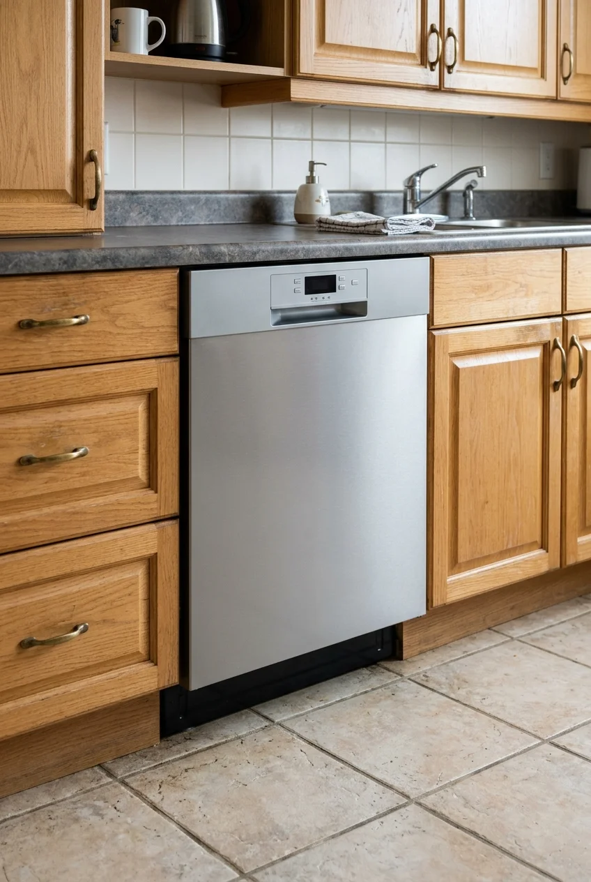 Replacement dishwasher fitted into an existing kitchen cabinet opening.